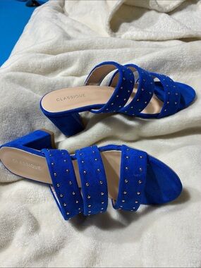 CLASSIQUE Blue Velvet Heeled Slide Sandals With Gold Metal Stud Accents- Size 8